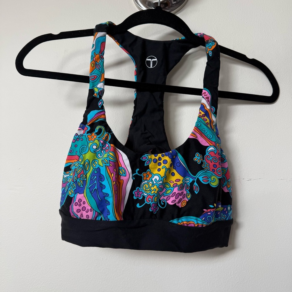 Trina Turk Black Multicolor Floral Reversible Racerback sports bra Top